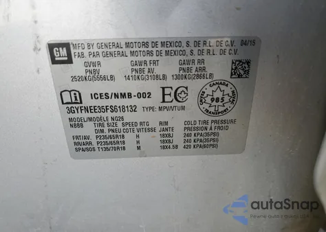 2015 Cadillac Srx Luxury Collection from USA, damaged, VIN 3GYFNEE35FS618132